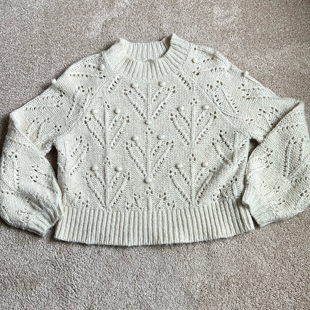 Silverflint Cream Knit Boxy Pom Pom Sweater.  Size XS
